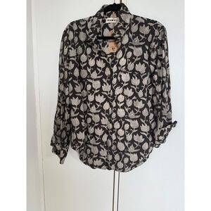 Namai Women Black White Cotton Block Print Floral Tulip Button Down Shirt Size M